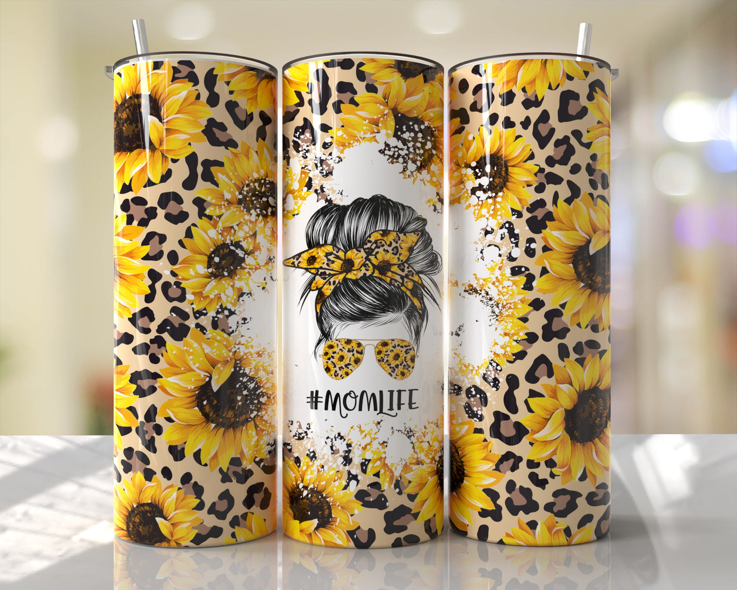 Momlife with sunflowers and Leo print Tumbler skinny 20oz.