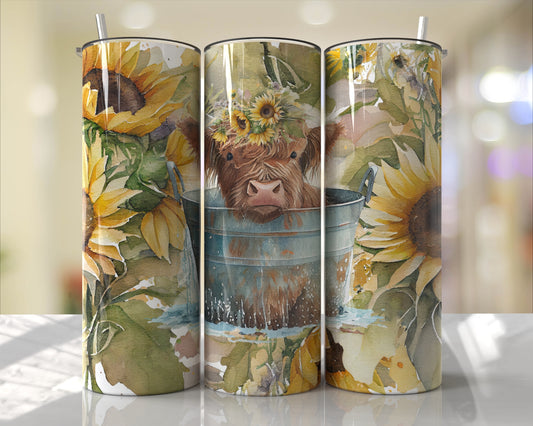 Highland cow with sunflowers Tumbler skinny 20oz.